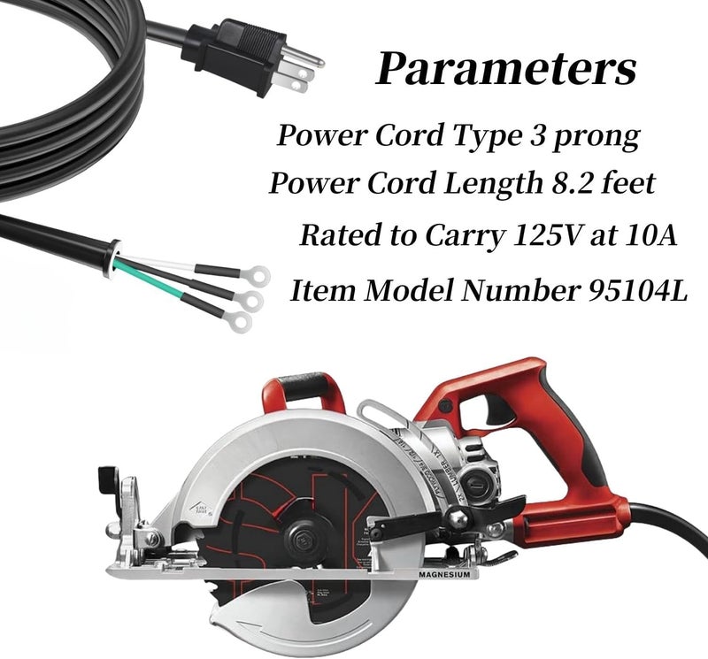 Ccedviery 95104L Heavy-Duty Replacement Power Cord for SKILSAW Worm Drive Saws SPT77WM, SPT77WML, SPT78W - 3 Pin, 8.2FT/2.5M Black Cord - Image 2